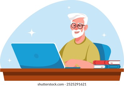 old man sits at a laptop screen, learning new technologies by grandpa