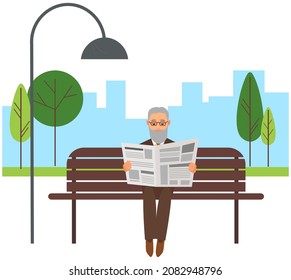 Old man sits on bench in park and reads newspaper. Lifestyle of senior people concept. Rest and relax of grandfather with news. Elderly male character with newspaper on background of cityscape