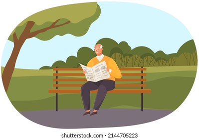 Old man sits on bench in park and reads newspaper. Lifestyle of senior people concept. Rest and relax of aged person with news. Elderly male character with newspaper on background of nature landscape