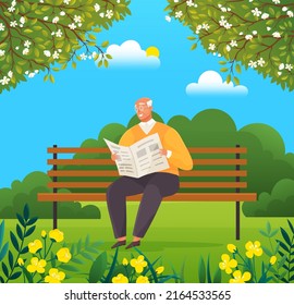 Old man sits on bench in park and reads newspaper. Lifestyle of senior people concept. Rest and relax of aged person with news. Elderly male character with newspaper on background of summer garden