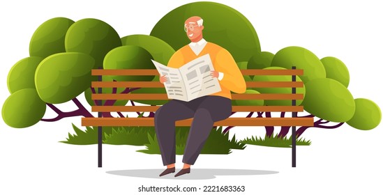 Old man sits on bench in park and reads newspaper. Retiree on background of nature landscape, fresh air recreation. Leisure activity Lifestyle of senior people. Rest and relax of aged person with news