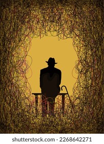 An old man sits on a bench with his cane and is surrounded by a tangle of colorful tangles of trouble, problems and fears of aging in a vector image.

