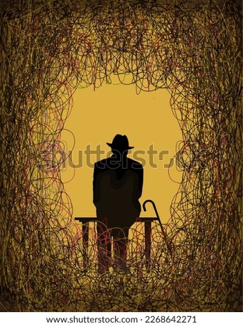 An old man sits on a bench with his cane and is surrounded by a tangle of colorful tangles of trouble, problems and fears of aging in a vector image.


