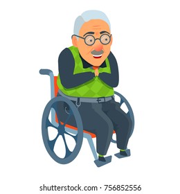 Old man sitting in attendant propelled, self-propelled wheelchair. Vector cartoon illustration isolated on white background. Folded his hands in front of. Exited, thanks, happy, surprised.