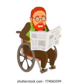 Old man sitting in attendant propelled, self-propelled wheelchair. Vector cartoon illustration isolated on white background.
