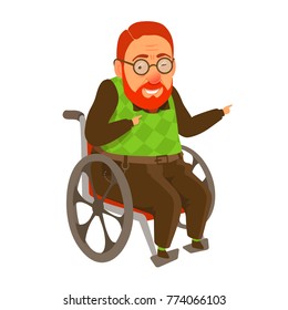 Old man sitting in attendant propelled, self-propelled wheelchair. Vector cartoon illustration isolated on white background. Indicates fingers of both hands to the side.