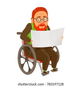Old man sitting in attendant propelled, self-propelled wheelchair. Hold blank sheet of paper, banner, poster. Layout, template for text, message. Vector cartoon illustration isolated white background.