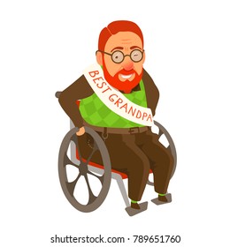 Old man sitting in attendant propelled, self-propelled wheelchair. Vector cartoon illustration isolated on white background. Shoulder sashes with inscription best grandpa.