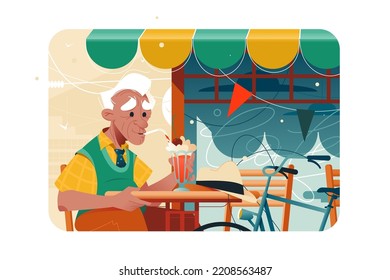 Old man sitting at cafe and drinking cocktail vector illustration. Senior enjoying coffee. Chilling time flat concept. Relaxed spare time