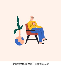 Old man sitting and chair in dirty clothes and splitting coffee on himself. Elderly person demonstrating disregard for hygiene. Dementia symptom. Flat vector illustration