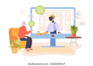Old man sitting in chair and talking to chatbot on monitor. Comic robot ir cyborg on huge screen giving gear to elderly person vector illustration. Senior life, technology, assistance concept