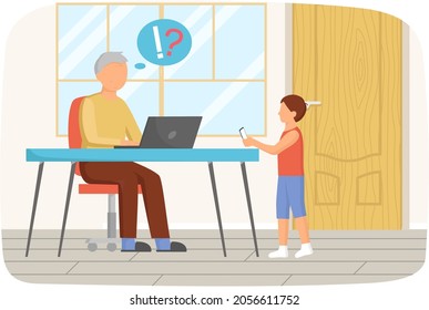Old man sitting with computer asks his grandson of help. Senior person dealing with technology, using modern gadgets at home. Elderly male character has difficulties, questions in work with laptop