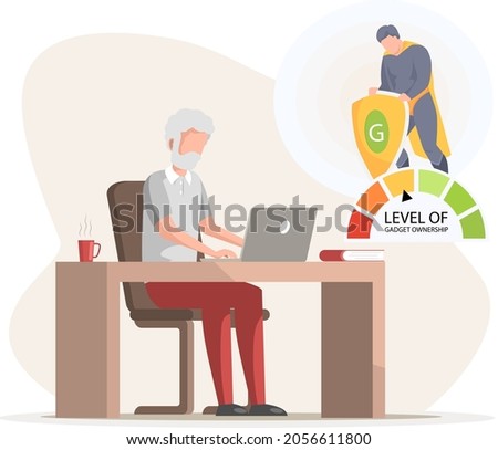 Old man sitting with computer at workplace. Freelancer grandfather working online with laptop. Senior person dealing with technology, using modern gadget. Decreasing level of gadget ownership