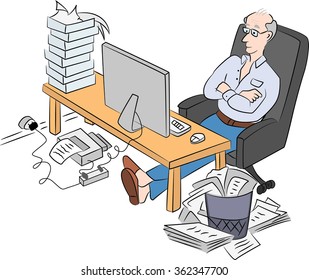 Old man sitting in front of computer looking at the monitor surfing the web and smiling