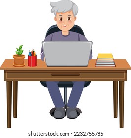 Hombre mayor sentado frente a la ilustración de la laptop
