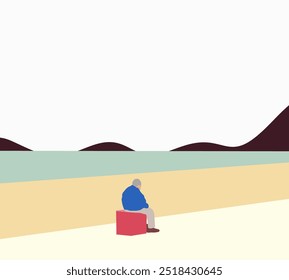Alter Mann sitzend und Blick auf das Meer mit Berg. genießt das Leben im Moment Sommerurlaub.