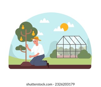 Old man sitting near tree and taking care of nature. Growing fruits and vegetables. Concept of happy retirement. Positive seniors spending time outdoors. Vector flat illustration