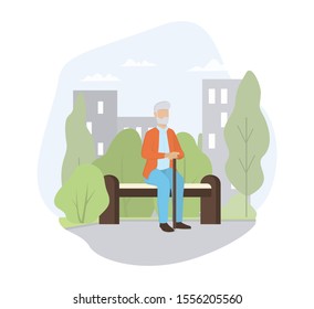 Old man sitting on the bench in the park. Elder person life style. Isolated vector illustration in cartoon style