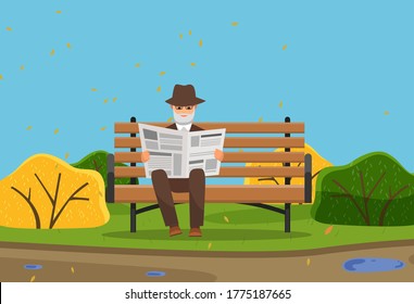 Old man sitting on a bench and reading a newspaper on the square in autumn time. Happy senior resting in city park, reading news. Simple cartoon vector illustration with yellow and green low bushes