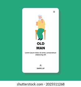 Old Man Sitting On Bench In Park Outdoor Vector. Old Man Grandfather Resting On Chair In Garden Outside. Character Elderly Pensioner Relaxation On Retirement Web Flat Cartoon Illustration