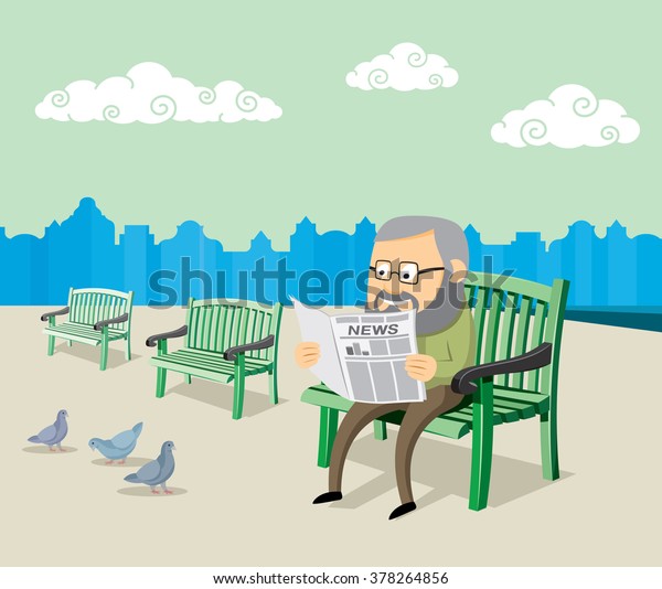 ベンチに座って広場で新聞を読んでいる老人 幸せな先輩 簡単なカートーンのベクターイラスト のベクター画像素材 ロイヤリティフリー 378264856
