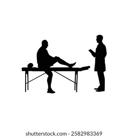 An old man is sitting on a body massage table. A doctor is standing next to him. Vector