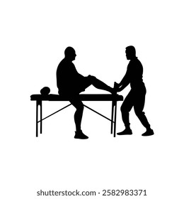 An old man is sitting on a body massage table. A doctor is standing next to him. Vector