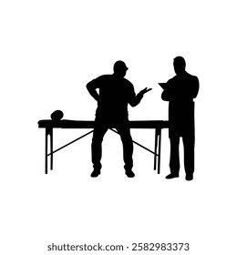 An old man is sitting on a body massage table. A doctor is standing next to him. Vector