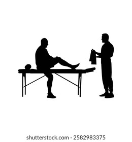 An old man is sitting on a body massage table. A doctor is standing next to him. Vector