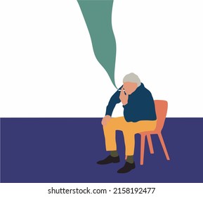 Old man sitting on chair and smoke cigarette at city street. Vector cartoon illustration. Character