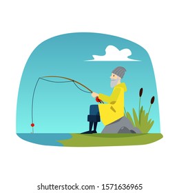 Old man sitting on shore with fishing rod, cartoon fisherman waiting for a catch. Summer sport nature background - isolated vector illustration