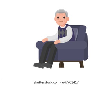 Old Man Sitting On Sofa. Granny Sitting On A Couch. Isolated Vector Illustration.