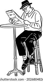 Old man sitting on stool Read newspaper People age retirement Hand drawn line art Illustration