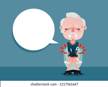 Old Man Sitting On The Toilet And Constipation Are Experiencing Severe Abdominal Pain. Vector Cartoon