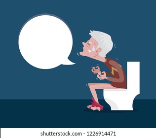 Old Man Sitting On The Toilet And Constipation Are Experiencing Severe Abdominal Pain. Vector Cartoon