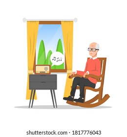 Old Man Sitting In A Rocking Chair Listening To The Radio