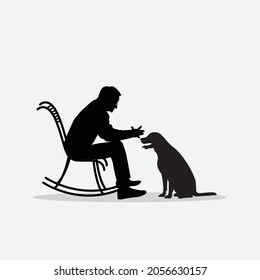 Old man sitting in rocking chair with pet dog. Vector illustration on gray color background.