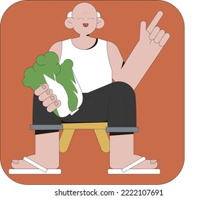 Alter Mann sitzt und verkauft Kohl, Cartoon, Vektorgrafik