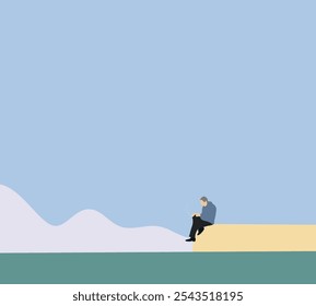 Old man sitting and smoking cigarette with minimal landscape mountain view. Enjoying vacation or retirement