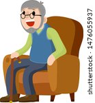 Old man is sitting in soft armchair. Rest and senior with a cane. Brown furniture and room element. Cartoon flat illustration. Cute Grandfather