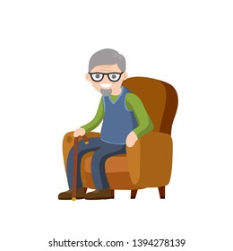 Old man is sitting in soft armchair. Rest and senior with a cane. Brown furniture and room element. Cartoon flat illustration. Cute Grandfather svg