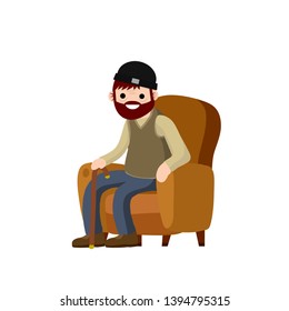 Old man is sitting in soft armchair. Rest and senior with a cane. Brown furniture and room element. Cartoon flat illustration. Cute Grandfather