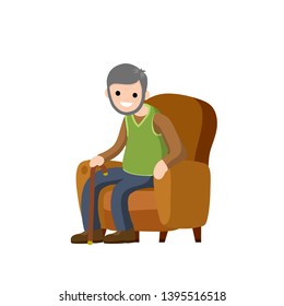 Old man is sitting in soft armchair. Rest and senior with a cane. Brown furniture and room element. Cartoon flat illustration. Cute Grandfather