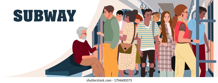 Old man sitting in subway train car full of people. Take care for elderly. Overcrowded underground or metro. Problem of city overpopulation and urban transportation. Flat cartoon vector illustration.
