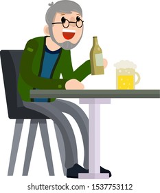 Old Man sitting at table with bar with bottle of beer. Rest and lifestyle of grandfather. Problems and alcoholism. Happy senior. Cartoon flat illustration