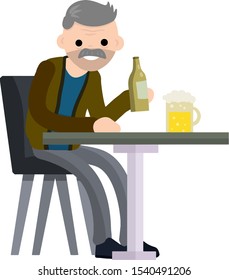 Old Man sitting at table with bar with bottle of beer. Rest and lifestyle of grandfather. Problems and alcoholism. Happy senior. Cartoon flat illustration