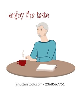 Old man sitting at a table at home or in a cafe with a cup of coffee or tea. Grandpa thinks about his to-do list over a cup of coffee or tea. Vector illustration Eps10.