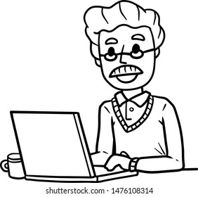 Old Man sitting at table with laptop. Work as freelancer and programmer. Modern gadget. Smiling happy senior. Hand drawn sketch cartoon. 