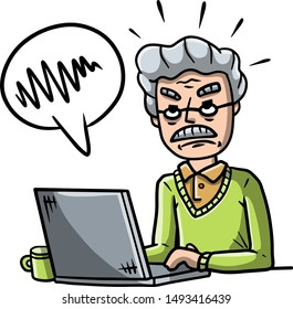 Old Man sitting at table with laptop. Work as freelancer and programmer. Modern gadget and problem. Sad displeased senior. Hand drawn sketch cartoon.