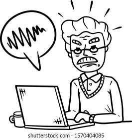 Old Man sitting at table with laptop. Modern gadget and problem. Sad displeased Senior. Hand drawn sketch cartoon. Work as freelancer and programmer. Angry guy